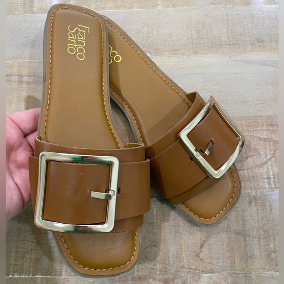 Franco Sarto Shoes - Franco Sarto large buckle brown gold slide on sandal shoes flats leather